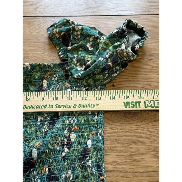 Dolan Anthropologie Left Coast Green Smocked Top Sm‎ Puff Sleeve Tropical Toucan - Picture 7 of 11